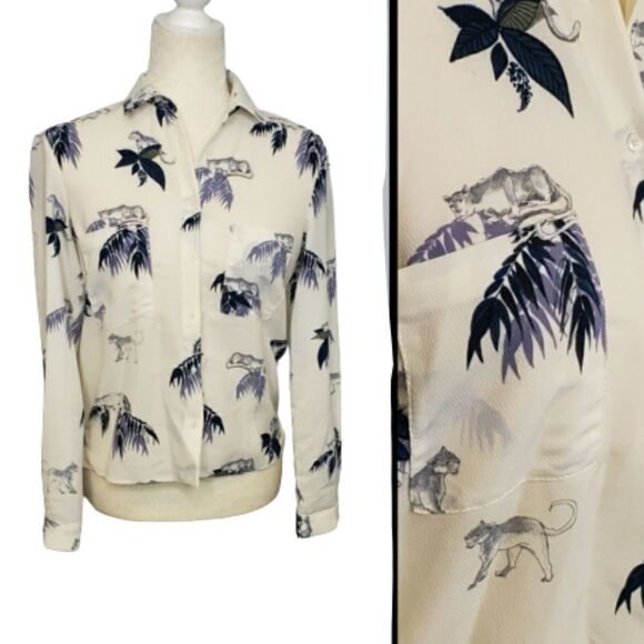 ZARA top big cat jungle button up casual top blouse XS - Picture 1 of 9